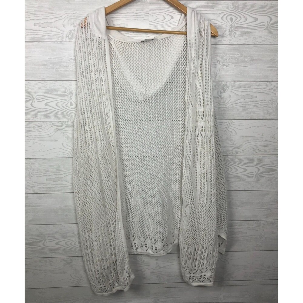CJ Banks Women's 2X Open Knit Hooded Swim Suit Cover Up Open Front White